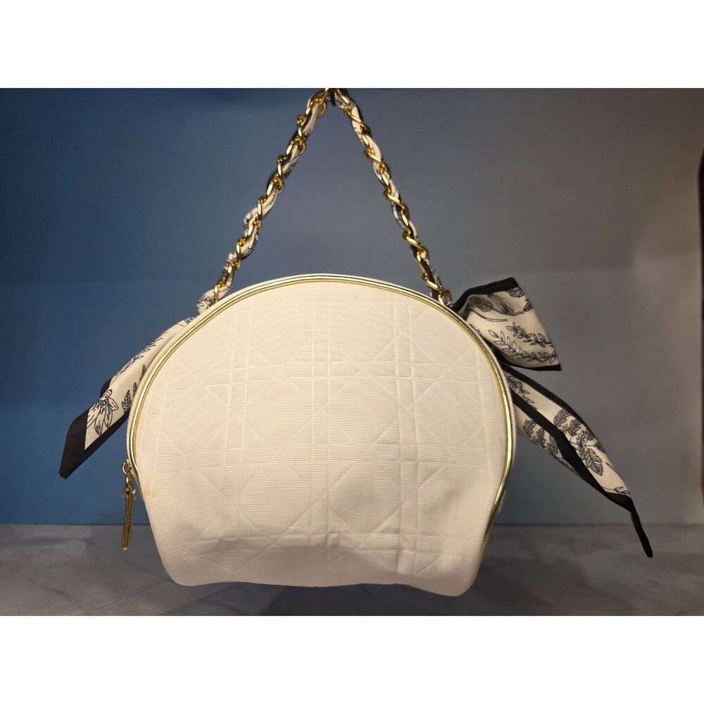 Cute Gold Piped White Dior Beauty Bag w Chain and Scarf. Zipper Closure